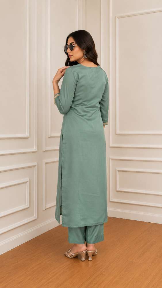 omen's Rayon Embroidered Straight Kurta with Pant and Dupatta Set Back